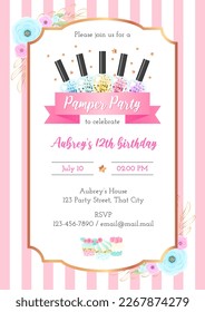 Pamper birthday party invitation template. Beautiful pink striped background with golden frame, flowers and sparkling nail polish bottles. Vector illustration 10 EPS.