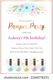 Pamper birthday party invitation template. Cartoon illustration of five sparkling colorful nail polish bottles and flowers on a background of a golden frame. Vector 10 EPS.