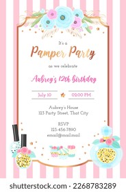 Pamper birthday party invitation template. Beautiful pink striped background with golden frame, flowers and sparkling nail polish bottles. Vector illustration 10 EPS.