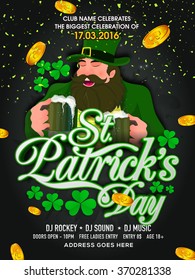 Pamphlet, Banner or Flyer design with illustration of happy Leprechaun for St. Patrick's Day celebration.