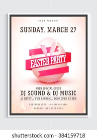 Pamphlet, Banner or Flyer design with illustration of pink ribbon and bunny ears around an egg for Easter Party celebration.