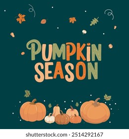 Pampkin season greetigs card. Festive autumn illustration with pumpkins, leaves. Harvest time