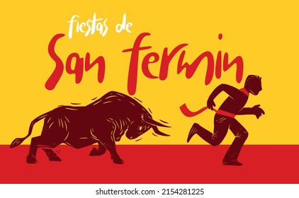 Pamplona Festival. People running from bulls in Spain. Feast of Saint Fermin (fiestas de San Fermin)