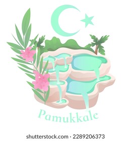 Pamukkale in Turkey. Beautiful travertines in Turkey. Turkish flag icon. Historical landmark. Travel poster. Vector illustration