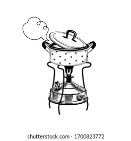 
 Pan mit einem Ahorndeckel auf den Primusofen. Vektorillustration Vintage Illustration. Schwarz-Weiß-Skizze. Graviertes Objekt auf weißem Hintergrund.