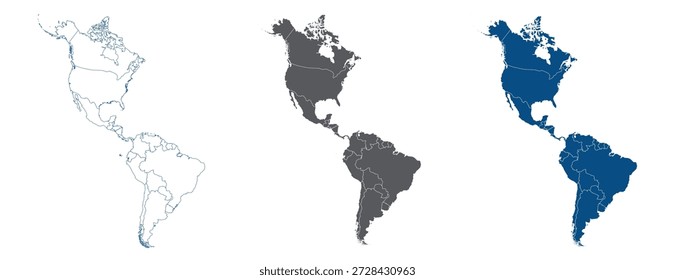 Pan American Continent Line Map Set with White Blue and Grey Color Variations. America continent map in country. 