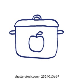 Sartén con manzana. Muestra de metal o plástico. Boceto dibujado a mano. Dibujo azul del bolígrafo o del marcador. Imagen de niños primitivos