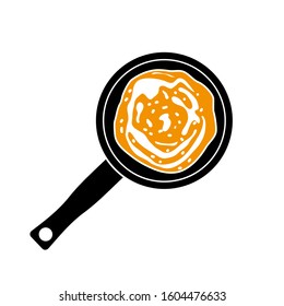 The pan is black with a ruddy pancake. The Attribute Of Maslenitsa. Vector image on a white background.