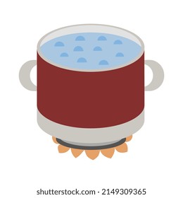 Pan with boiling water on gas stove, fire and steam, vector illustration