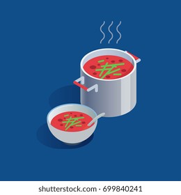 pan and bowl of soup, isometric vector icon. isolated on a blue.