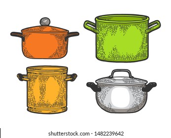 Pan casserole pot set kitchen utensils color sketch engraving vector illustration. Scratch board style imitation. Black and white hand drawn image.