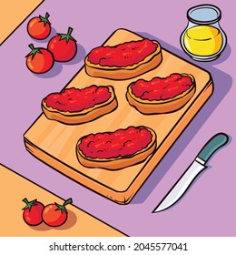 Pan con tomate is a traditional Spanish dish. This dish consists of bread, which may or may not be toasted, with tomatoes rubbed on the surface of the bread and seasoned with olive oil and salt