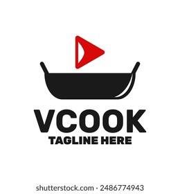 a pan cooking media play button , food vlogging logo, food channel logo