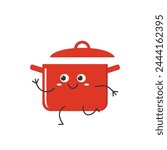 Pan cute character cartoon running saucepan smiling face cheerful kawaii joy happy emotions vector illustration.