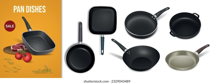 Pan dishes realistic composition with set of utensil with non stick coating for frying and cooking vector illustration svg