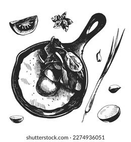 Pan con huevos, albahaca, cebolla y ajo. Dibujar ilustración vectorial de estilo. Vieja imitación grabadora. Vector de comida rápida. Esbozo de dibujo de líneas antiguas para el diseño de menús, folletos o folletos
