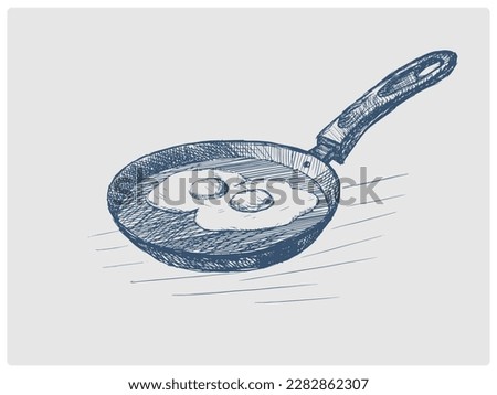 Pan with eggs sketch obsolete blue style vector illustration. Old hand drawn azure engraving imitation.