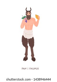 Pan or Faunus - god or deity of shepherds and fertility from ancient Greek and Roman religion. Male mythological creature with horns holding flute and grapes. Flat cartoon vector illustration.