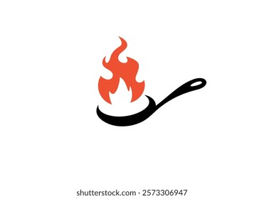 pan with fire food logo. kitchen tools, cooking, restaurant symbol design vector graphic