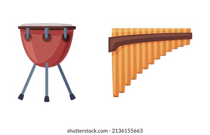 Pan Flute and Drum as Percussion and Woodwind Musical Instrument Vector Set