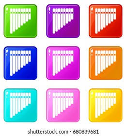 Pan flute icons of 9 color set isolated vector illustration