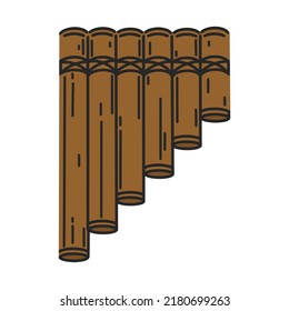 Pan flute vector icon. Hand drawn wooden, bamboo musical instrument. Multi-barrel fife isolated on white background. Device for classical, folk melodies. Colored flat clipart for logo, web