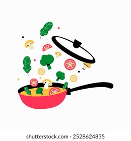 Pan with flying vegetables and lid in flat vector illustration symbolizing cooking, healthy food, and culinary creativity, isolated on white background.