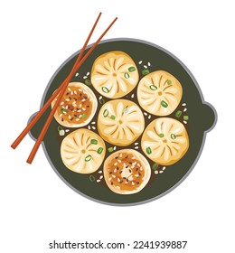 Pan Fried Buns or dumplings. View from above. Asian food vector illustration.