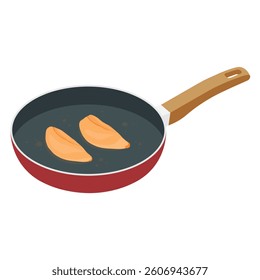 Pan with fried chicken fillets. Frying pan isolated on white background. Ceramic nonstick pan with wooden handle. Fry pan for cooking. Vector illustration