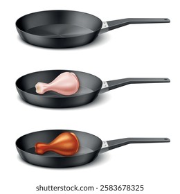 Pan fried chicken leg preparation. Realistic empty teflon non-stick cookware, fried turkey or poultry, food cooking process and stages, meat ingredient. Vector concept isolated