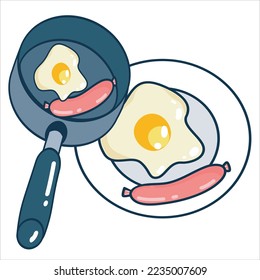 Pan con huevo frito y salchichas de pollo. Ilustración vectorial de alimentos de cocina