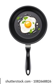 Pan with fried egg. Cooking foods. Scrambled eggs. Top view. Metallic utensil for frying. Roast meal. Cook tools. Fry product. Eggs Omelette. Fast food. Isolated white. EPS10 vector illustration.