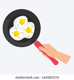 Pan with fried egg. Hand holding a fry pan with a fried egg. The breakfast. Cookware, cooking, food. Vector illustration. 