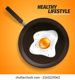 Pan with fried egg. Scrambled eggs. Cooking foods. Top view. Metallic utensil for frying. Roast meal. Cook tools. Fry product. Eggs Omelette. Fast food. EPS10 vector illustration.