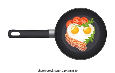 Pan with fried egg in the shape of a heart, with bacon, tomatoes and arugula. Top view. Creative design for breakfast menu, cafe, restaurant. Vector illustration.