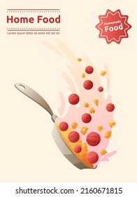 A pan with fried rice and vegetables poster template. Kitchen utensil, risotto, home made dish concept.