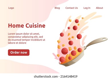 A pan with fried rice and vegetables web page template. Landing page for restaurant or cafe, banner or advertising.