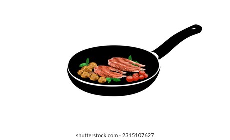 Pan Fried salmon in a frying pan, Grilled salmon steaks,potatoes, tomato