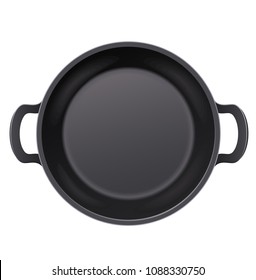 Pan for frying food. Cooking meal. Top view. Metallic utensil for fry-up. Roast meals. Cook tools. Fry foodstuff. Fast foods. Isolated white background. EPS10 vector illustration.
