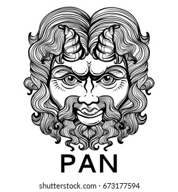 Pan. The god of fertility and wildlife. Ancient Greek mask. High-detailed decorative vector illustration isolated. Myths and legends. Ancient ethnic symbol, tattoo design, print, t-shirt, textile.