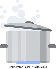 Pan. Grey steel cookware. Big utensil with lid for boiling water on blue fire gas. Grey steam and smoke. Flat Kitchen element and soup preparation.