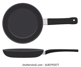 Pan with handle on white background. Vector isolated image of a frying pan on the top and side.