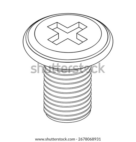Pan head screw - hand drawn isometric black and white vector illustration.
