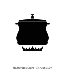 Pan Heating Icon, Frying Pan On Fire Icon Vector Art Illustration