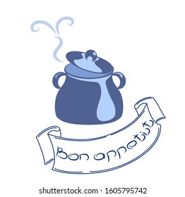 Pan. Hot steam, aroma. Text of Bon Appetit. Vector illustration. For packaging, brochures, advertising.