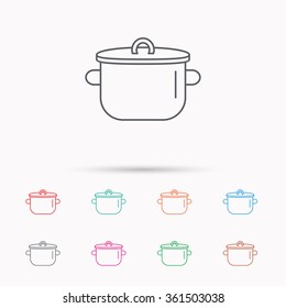 Pan icon. Cooking pot sign. Kitchen tool symbol. Linear icons on white background.