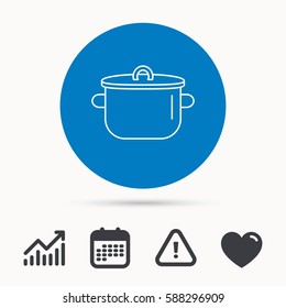 Pan icon. Cooking pot sign. Kitchen tool symbol. Calendar, attention sign and growth chart. Button with web icon. Vector
