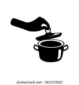 Pan icon. Cookware. 
Hand holding a lid. Big utensil with lid for boiling. Flat Kitchen element and soup preparation. Stock vector illustration isolated on white background