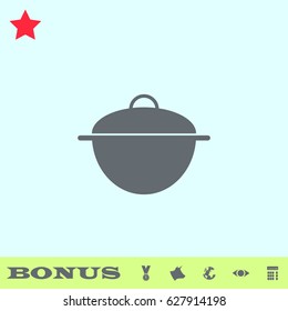 Pan icon flat. Grey pictogram on blue background. Vector illustration symbol and bonus buttons medal, cow, earth, eye, calculator