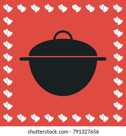 Pan icon flat. Simple black pictogram on red background with white hearts for valentines day. Vector illustration symbol